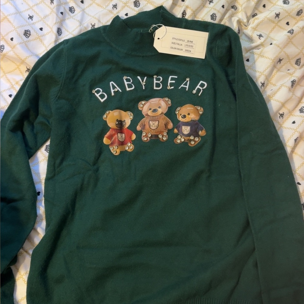 BabyBear Green Crewneck Sweater with Teddy Appliqué